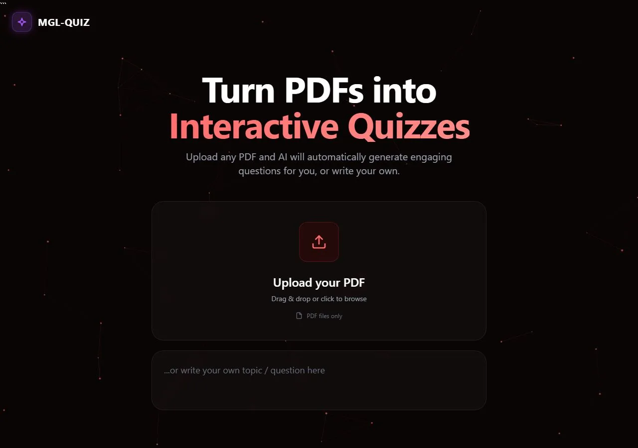 a quiz website named MGL QUIZ with a black background and moving red animations where users can drag